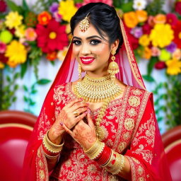 An elegant Indian bride wearing a beautifully intricately designed bridal lehenga in shades of red and gold
