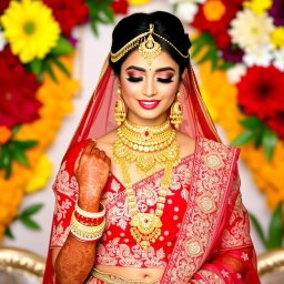 An elegant Indian bride wearing a beautifully intricately designed bridal lehenga in shades of red and gold
