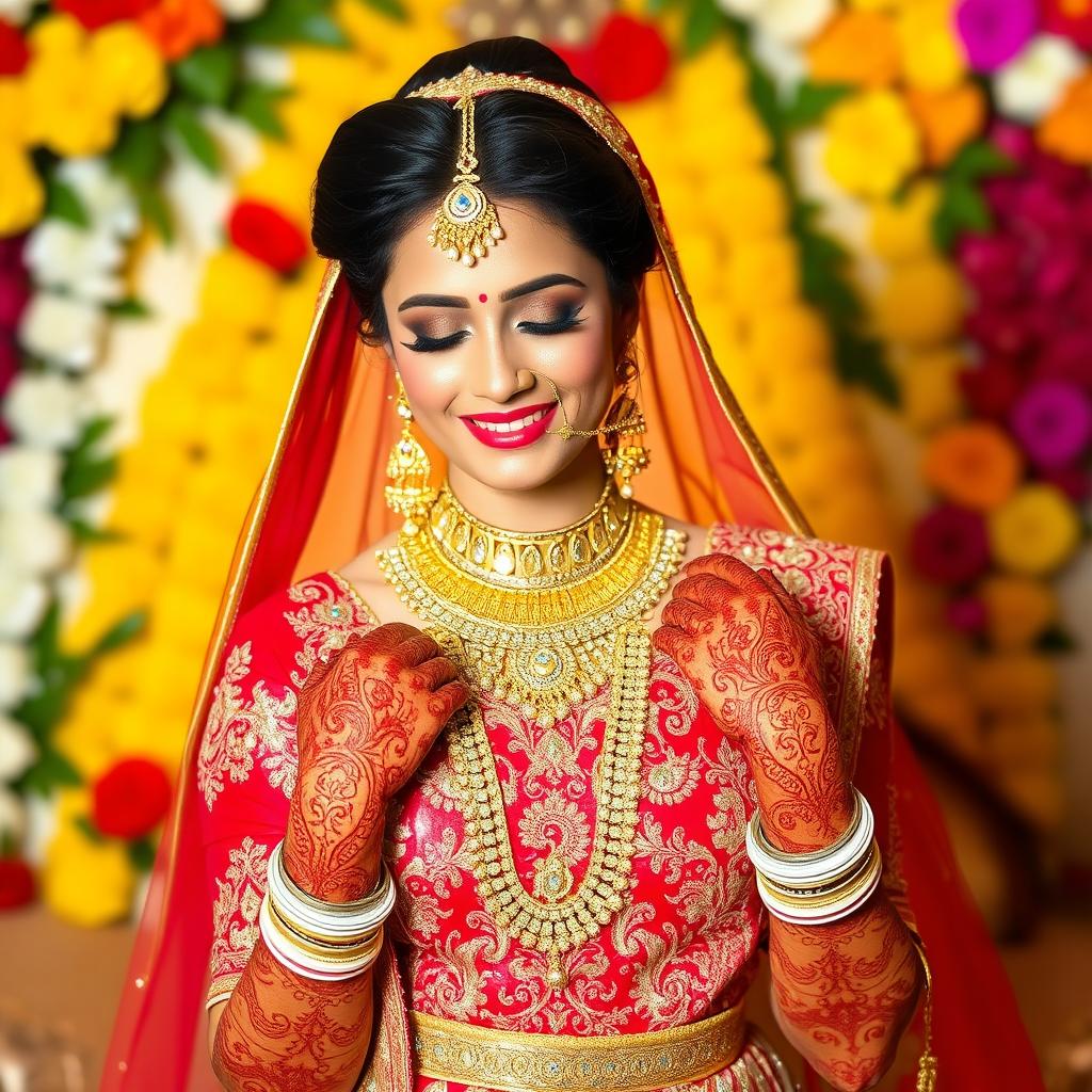 An elegant Indian bride wearing a beautifully intricately designed bridal lehenga in shades of red and gold
