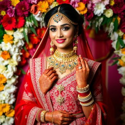 An elegant Indian bride wearing a beautifully intricately designed bridal lehenga in shades of red and gold