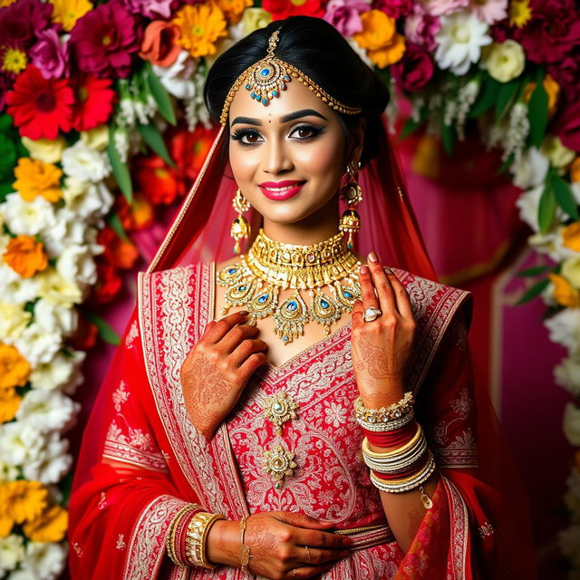 An elegant Indian bride wearing a beautifully intricately designed bridal lehenga in shades of red and gold