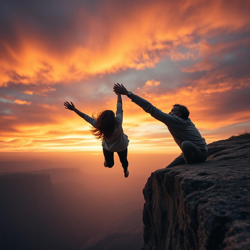 A dramatic scene of a man reaching out desperately as a woman falls from the edge of a cliff