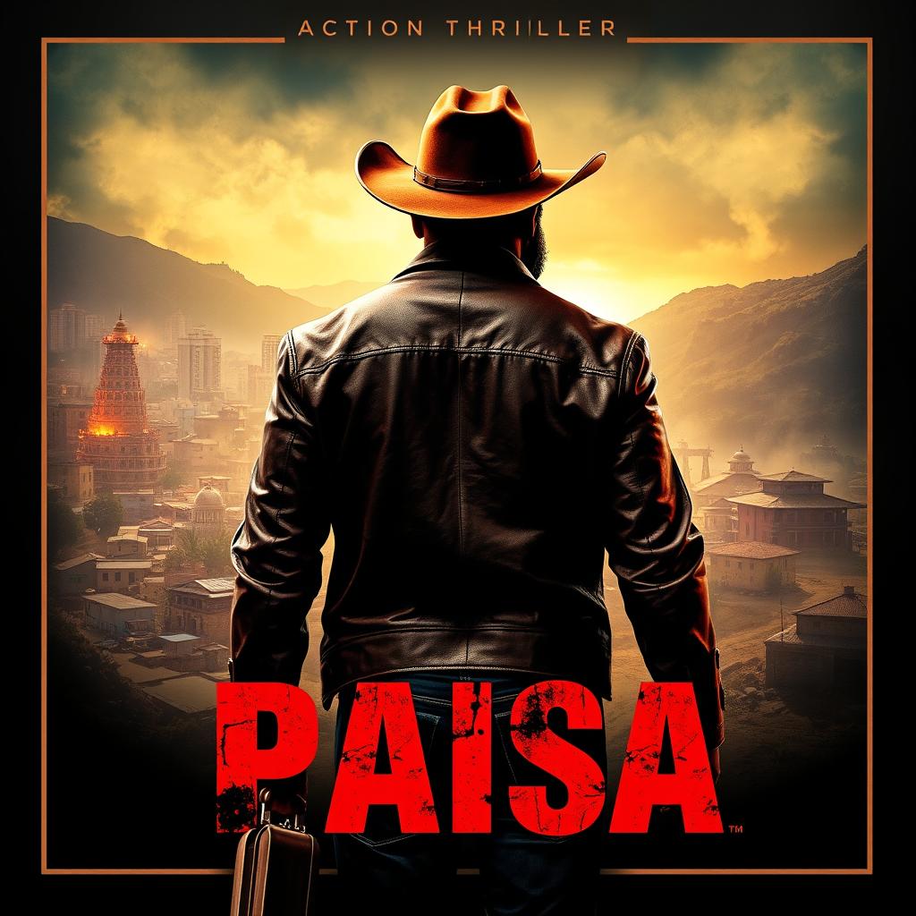 A poster for the action thriller movie titled 'Paisa', featuring a cowboy businessman viewed from behind