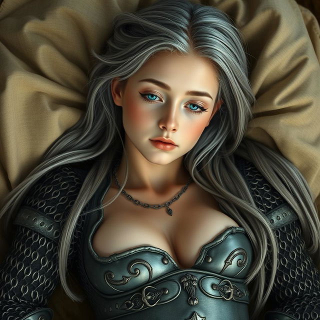 A beautiful slender European girl who is a cleric, featuring very large tender push-upped breasts