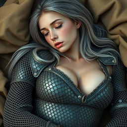 A beautiful slender European girl who is a cleric, featuring very large tender push-upped breasts