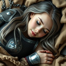 A busty beautiful cleric, slender European girl, features very large tender push-upped breasts and long soft layers of ash grey hair