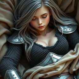 A busty beautiful cleric, slender European girl, features very large tender push-upped breasts and long soft layers of ash grey hair