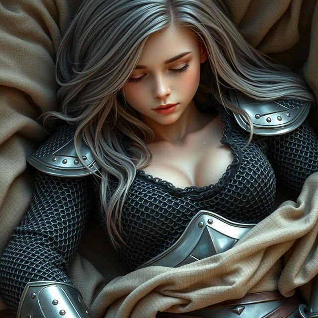 A busty beautiful cleric, slender European girl, features very large tender push-upped breasts and long soft layers of ash grey hair