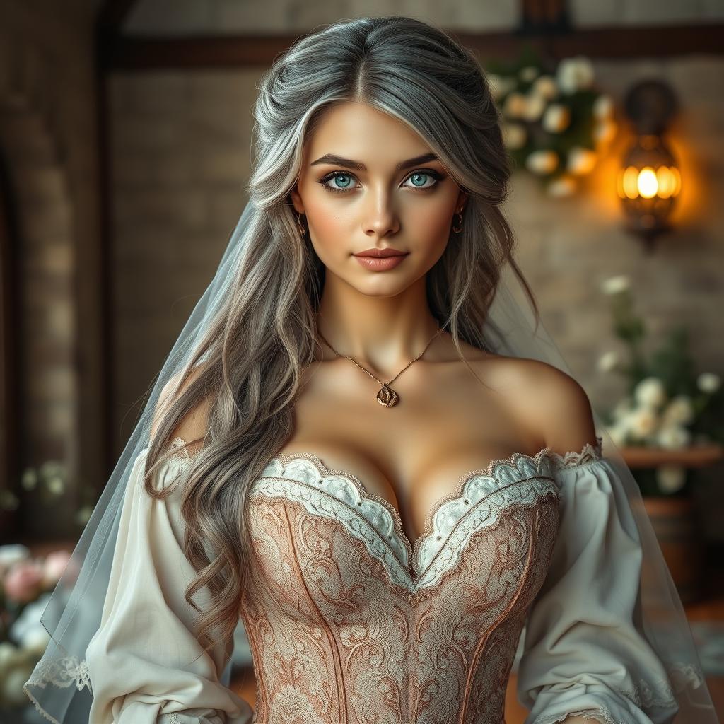 A busty beautiful cleric slender European girl with very large tender push-up breasts, long soft layers of ash-grey hair cascading down her back, and bright turquoise eyes sparkling with kindness