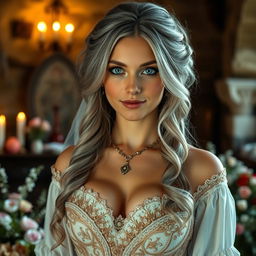 A busty beautiful cleric slender European girl with very large tender push-up breasts, long soft layers of ash-grey hair cascading down her back, and bright turquoise eyes sparkling with kindness