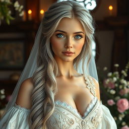 A busty beautiful cleric slender European girl with very large tender push-up breasts, long soft layers of ash-grey hair cascading down her back, and bright turquoise eyes sparkling with kindness