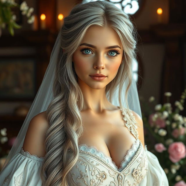 A busty beautiful cleric slender European girl with very large tender push-up breasts, long soft layers of ash-grey hair cascading down her back, and bright turquoise eyes sparkling with kindness