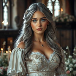 A busty beautiful cleric slender European girl with very large tender push-up breasts, long soft layers of ash-grey hair cascading down her back, and bright turquoise eyes sparkling with kindness