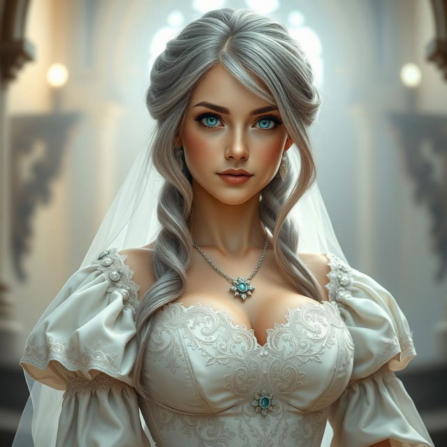 A busty, beautiful European cleric girl with slender build, showcasing very large, tender push-upped breasts