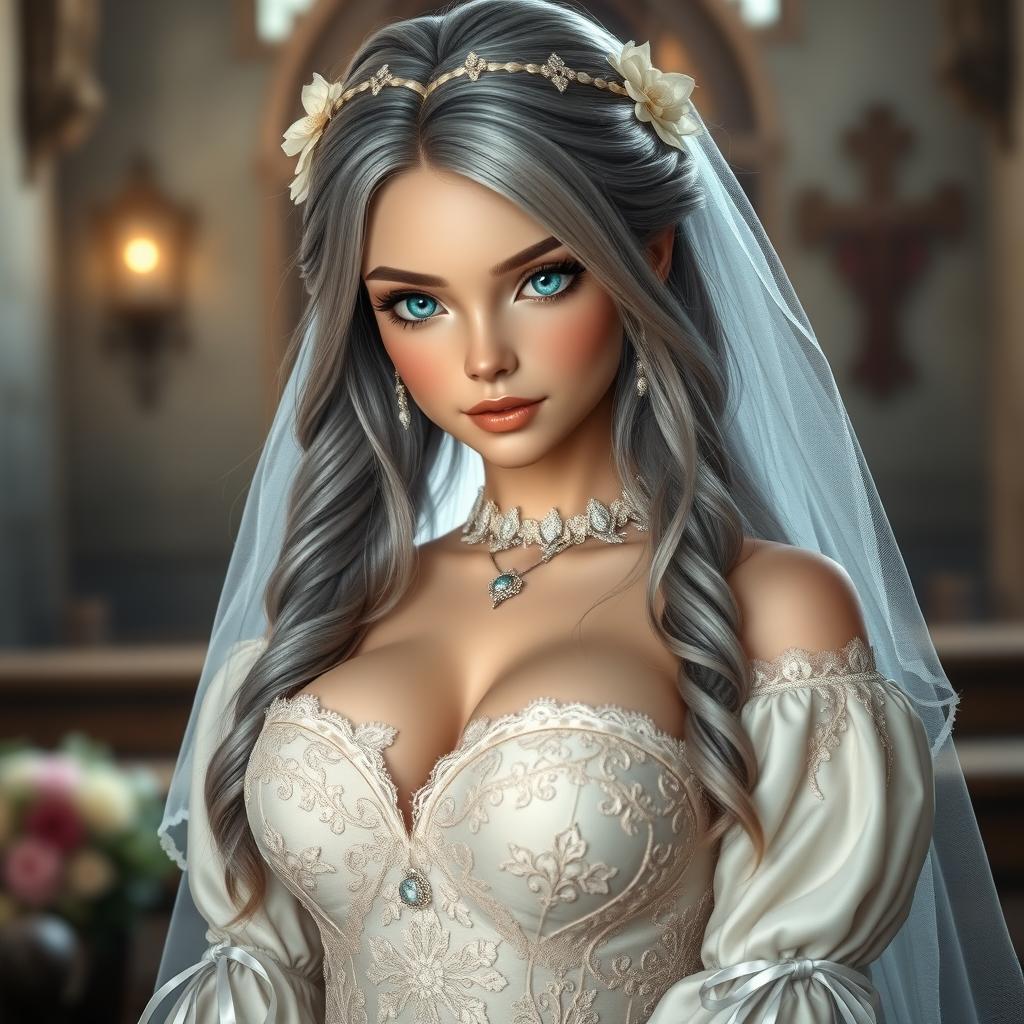 A busty, beautiful European cleric girl with slender build, showcasing very large, tender push-upped breasts