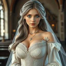 A busty, beautiful European cleric girl with slender build, showcasing very large, tender push-upped breasts