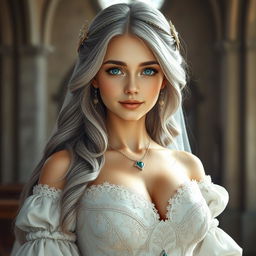 A busty, beautiful European cleric girl with slender build, showcasing very large, tender push-upped breasts
