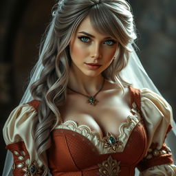 A busty, beautiful European cleric girl with very large, tender, push-upped breasts, sporting long, soft layers of ash grey hair cascading gently