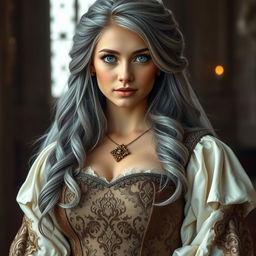 A busty, beautiful European cleric girl with very large, tender, push-upped breasts, sporting long, soft layers of ash grey hair cascading gently