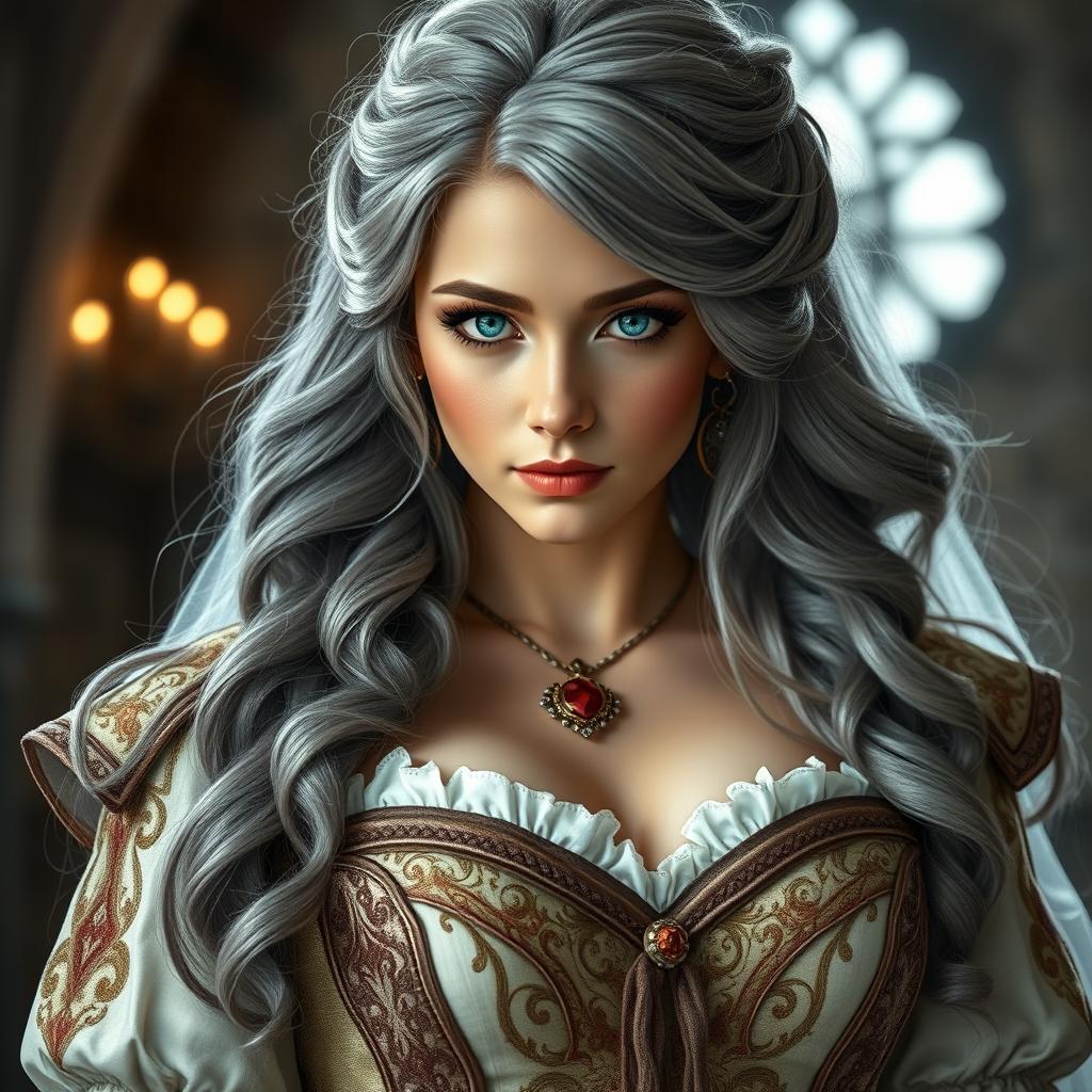 A busty, beautiful European cleric girl with very large, tender, push-upped breasts, sporting long, soft layers of ash grey hair cascading gently