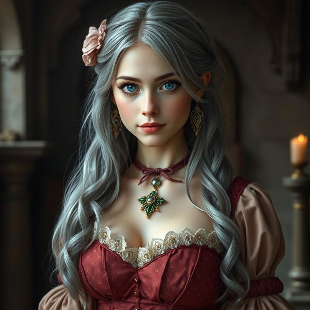 A busty and beautiful cleric girl, slender build, of European descent