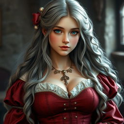 A busty and beautiful cleric girl, slender build, of European descent