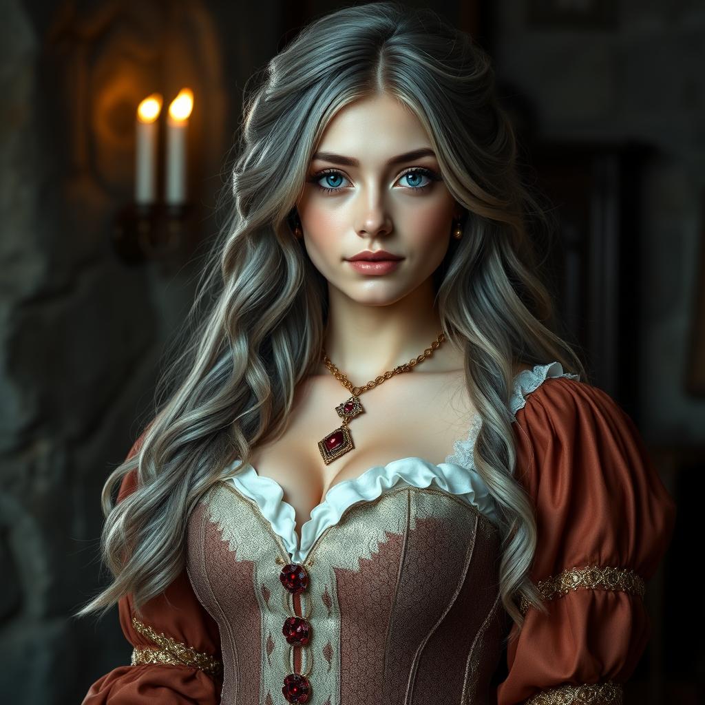 A busty and beautiful cleric girl, slender build, of European descent