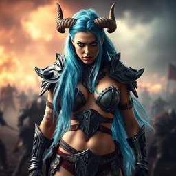 A full-body shot of a high-quality, photo-realistic image featuring a fierce armored warrior woman
