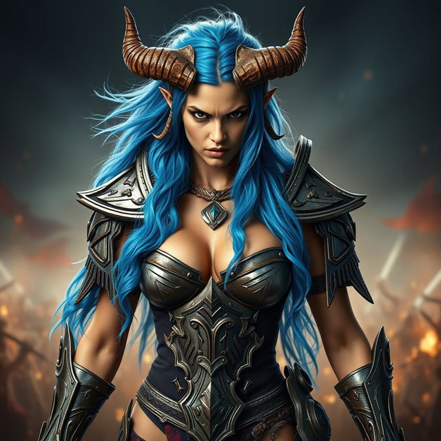 A full-body shot of a high-quality, photo-realistic image featuring a fierce armored warrior woman