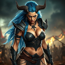 A full-body shot of a high-quality, photo-realistic image featuring a fierce armored warrior woman