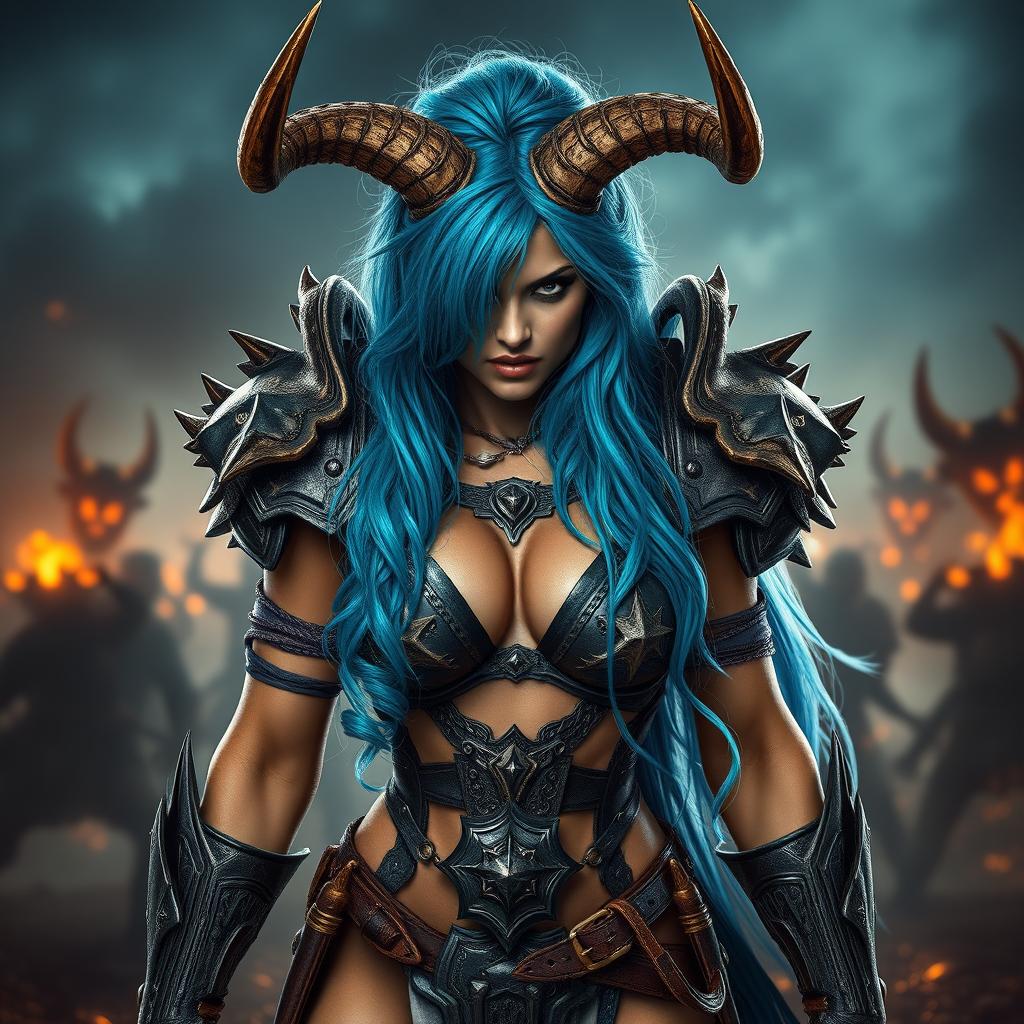 A full-body shot of a high-quality, photo-realistic image featuring a fierce armored warrior woman