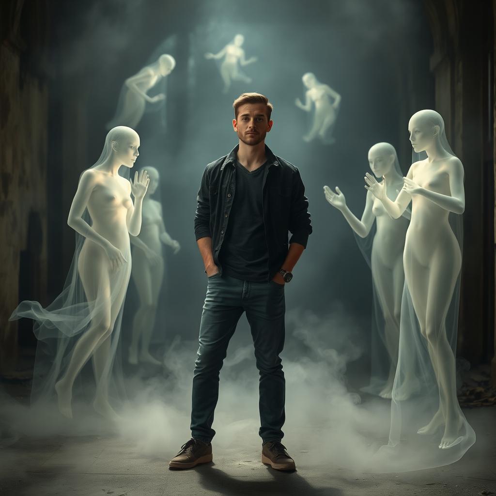 A captivating scene featuring a man standing confidently in an ethereal environment surrounded by translucent, ghostly figures
