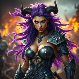 A full-body shot of a fierce armored warrior woman, rendered in high quality and photo-realistic detail