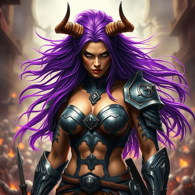 A full-body shot of a fierce armored warrior woman, rendered in high quality and photo-realistic detail