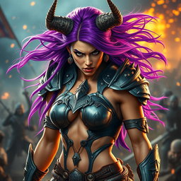 A full-body shot of a fierce armored warrior woman, rendered in high quality and photo-realistic detail