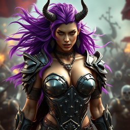 A full-body shot of a fierce armored warrior woman, rendered in high quality and photo-realistic detail