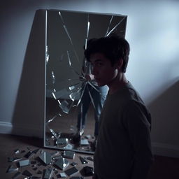 A man standing in front of a broken mirror, his reflection fragmented and distorted across the shards