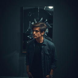 A man standing in front of a broken mirror, his reflection fragmented and distorted across the shards