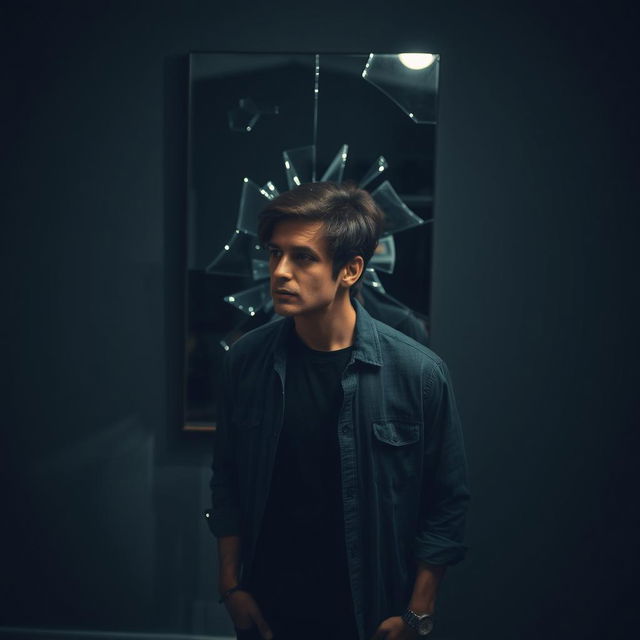 A man standing in front of a broken mirror, his reflection fragmented and distorted across the shards