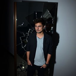 A man standing in front of a broken mirror, his reflection fragmented and distorted across the shards