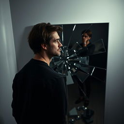A man standing in front of a broken mirror, his reflection fragmented and distorted across the shards
