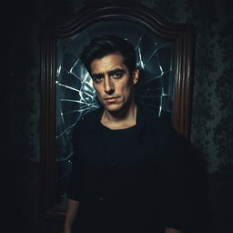 A striking image of a man standing in front of a large, cracked mirror