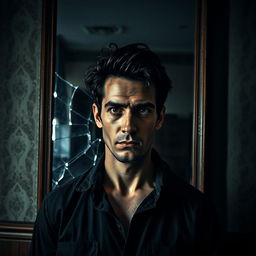 A striking image of a man standing in front of a large, cracked mirror