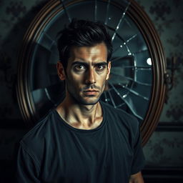 A striking image of a man standing in front of a large, cracked mirror