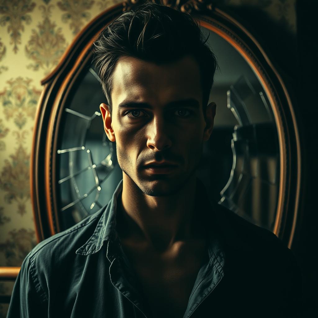 A striking image of a man standing in front of a large, cracked mirror