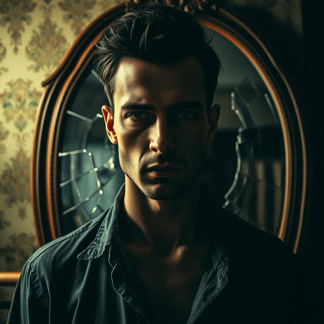 A striking image of a man standing in front of a large, cracked mirror