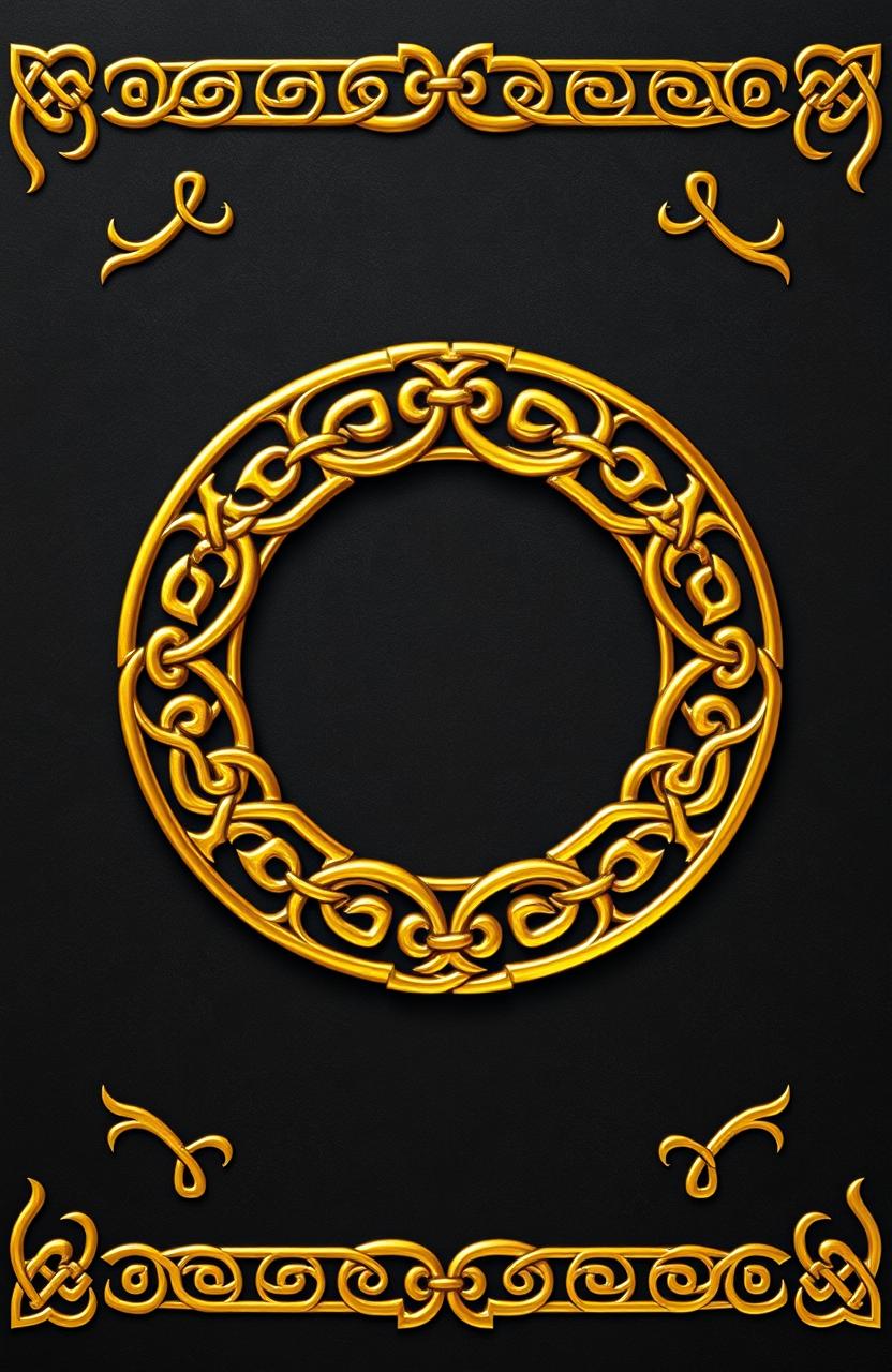 An elegant A4 book cover design featuring intricate 2D golden Celtic runes, artistically arranged on a rich dark gray background