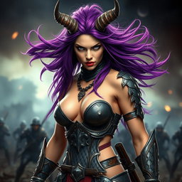 A full-body shot of a fierce armored warrior woman, displayed in high quality and photo-realistic detail
