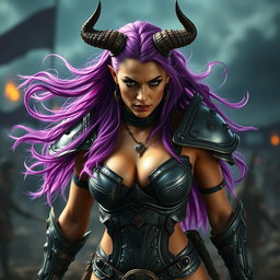 A full-body shot of a fierce armored warrior woman, displayed in high quality and photo-realistic detail