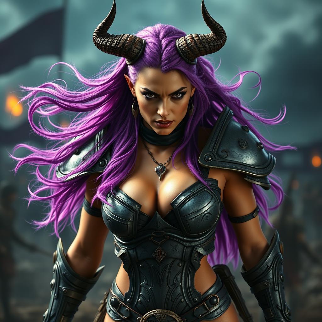 A full-body shot of a fierce armored warrior woman, displayed in high quality and photo-realistic detail